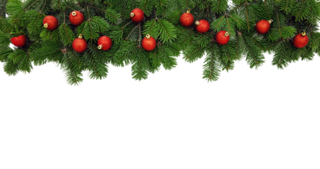Christmas tree border decorated with red balls isolated on white transparent, PNG. 