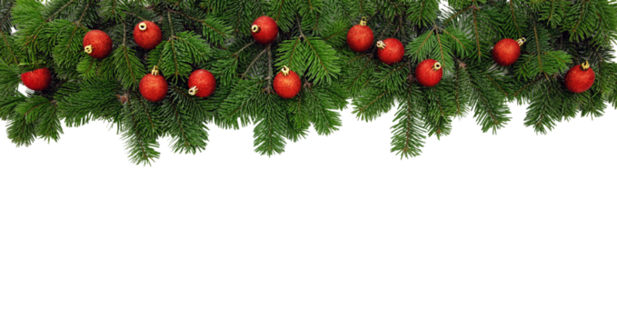 Christmas tree border decorated with red balls isolated on white transparent, PNG. 
