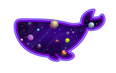 Double exposition with whale silhouette and starry galaxy space with planets, vector paper cut. Solar system planets and alien earth or moon in galactic stars or outer space in double exposition whale