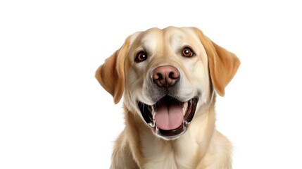 Portrait d'un chien de race labrador, de couleur sable, gueule ouverte, arrière-plan isolé blanc.	