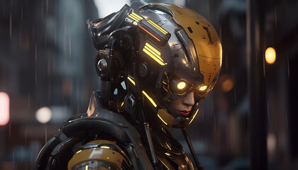 Woman wearing futuristic bulky combat armor and helmet in the pouring rain