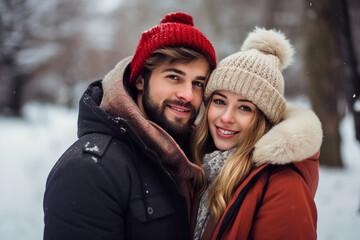 Obraz premium Generative AI image of happy cute beautiful hugging couple walking in winter park snowy frosty cold day