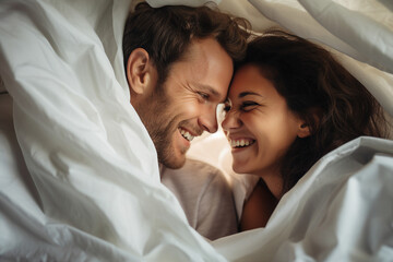 Fototapeta na wymiar Generative AI portrait picture of two people couple in love sleeping together in bed