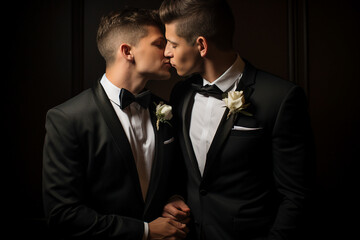Generative AI portrait picture of homosexual couple two fiancees kissing passionate wedding day