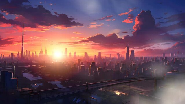 summer city landscape with sunset on anime style painting. 4k looping animation video