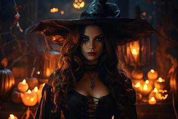 Generative ai collage photo of dark witch doing black magic ritual in halloween midnight