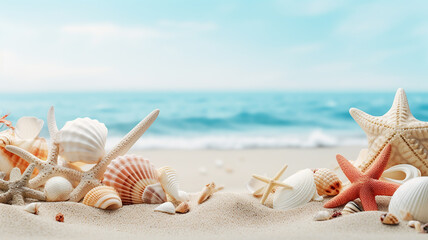 Fototapeta na wymiar beach sea-themed banner or header with beautiful shells, corals, and starfish on pure white sand