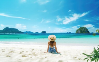 Fototapeta na wymiar Beautiful Asian woman in a bikini sits on the white beach of the tropical sea.