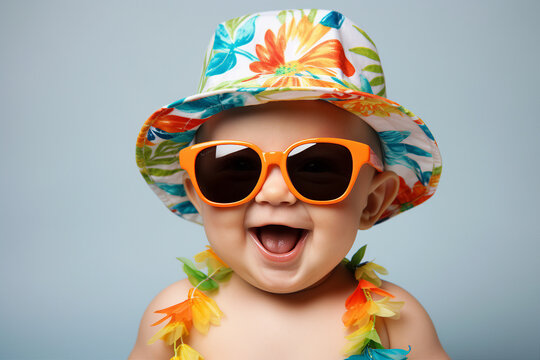 Photography of adorable beautiful positive baby wearing colorful stylish panama and summer glasses having fun generative AI