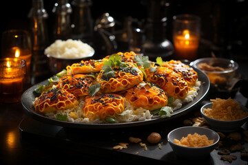 Picture of traditional halloween delicious food on table in a restaurant made with generative AI