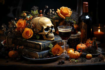 Generative AI image of holiday halloween table with food and treats traditional symbol pumpkin mysterious lantern