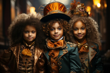 Generative AI image of friends having fun at halloween party celebrating event wearing carnival costumes and makeup