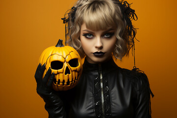 Picture of beautiful woman celebrating halloween party in fantasy costume and makeup generative AI