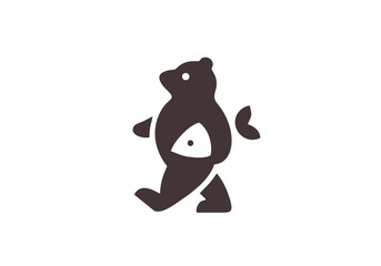 A minimalist and modern design that represents a bear that walks holding a fish.
