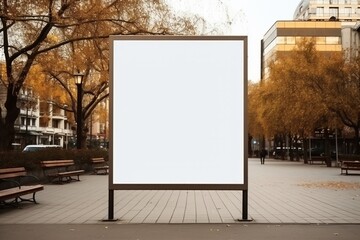 Blank banner mock up. Empty banner on a autumn city street. AI generated