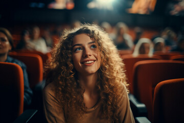Generative AI technology illustration young student person watching cinema premiere movie have fun - obrazy, fototapety, plakaty