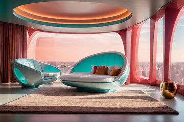 Interior of a futuristic modern living room with a panoramic view of the city