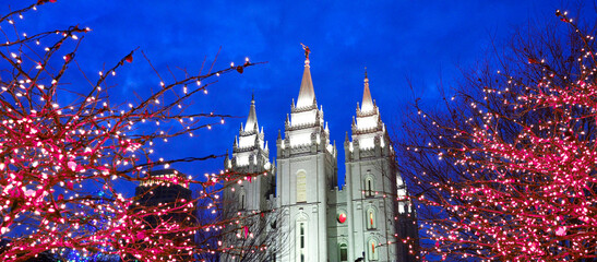 Salt Lake City Temple with Christmas Lights on Trees for Holiday Decorations