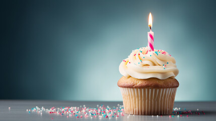 birthday cupcake with candle - obrazy, fototapety, plakaty