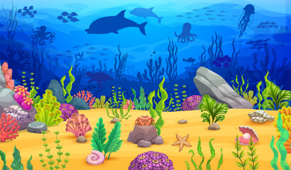 Sea underwater landscape, game level map with arch rock and ocean animal silhouettes, vector background. Fish shoal in undersea with octopus, dolphins and jellyfish in deep ocean for arcade game level