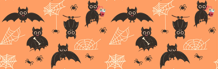Seamless pattern for Halloween with bats and cobwebs. Vector background with cute bat character in flat retro style.