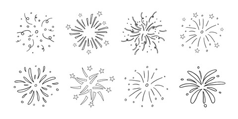 Obraz premium Big set of celebration fireworks, confetti, stars, drops, decorative elements in doodle style. Great for happy birthay party, greeting card, invitation card, flyer, poster, banner