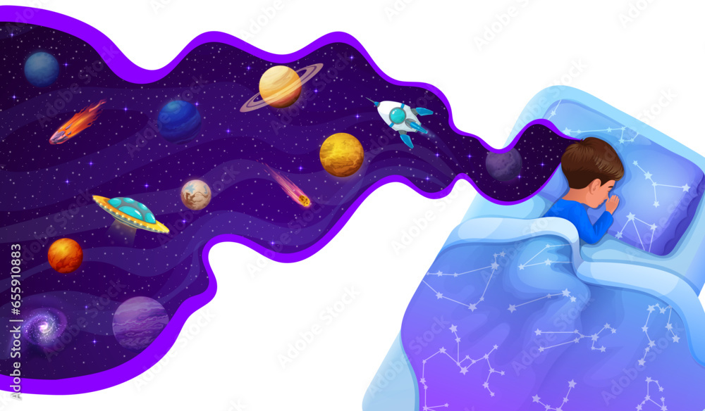 Poster sleeping kid in bed with galaxy space planets dream and rockets in sky, vector background. boy sleep
