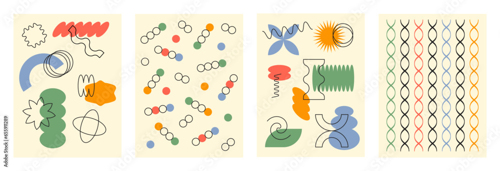 Poster abstract retro set colorful backgrounds with brutal geometric shapes on a beige background. trendy v