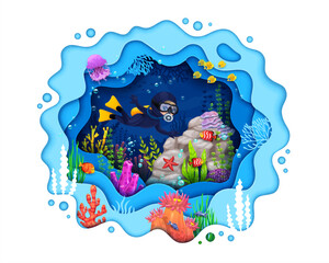 Cartoon sea bottom, paper cut underwater landscape and kid diver near rock, vector ocean diving. Undersea coral reef in papercut layers with fish shoal, seaweeds and marine animals for scuba diving