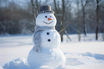 Fototapeta premium cute snowman on snowy field