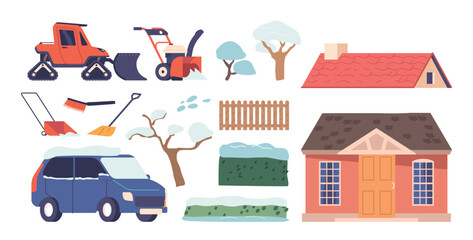 Set of Icons and Elements Snowy Trees, Cottage Roof, Fence and House Yard, Car Covered with Fallen Snow, Heavy Machine