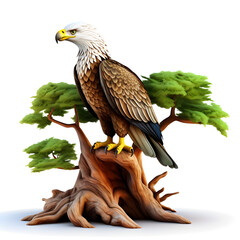 Cartoon 3d eagle on the tree isolated on white 