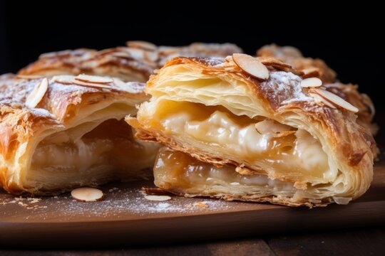 Ultimate Danish Pastry Delight - A Mouthwatering Close-Up of Flaky Kringle, a Homemade Brunch Delicacy with an Irresistible Butter Aroma and Fragrant Almond Filling, Golden and