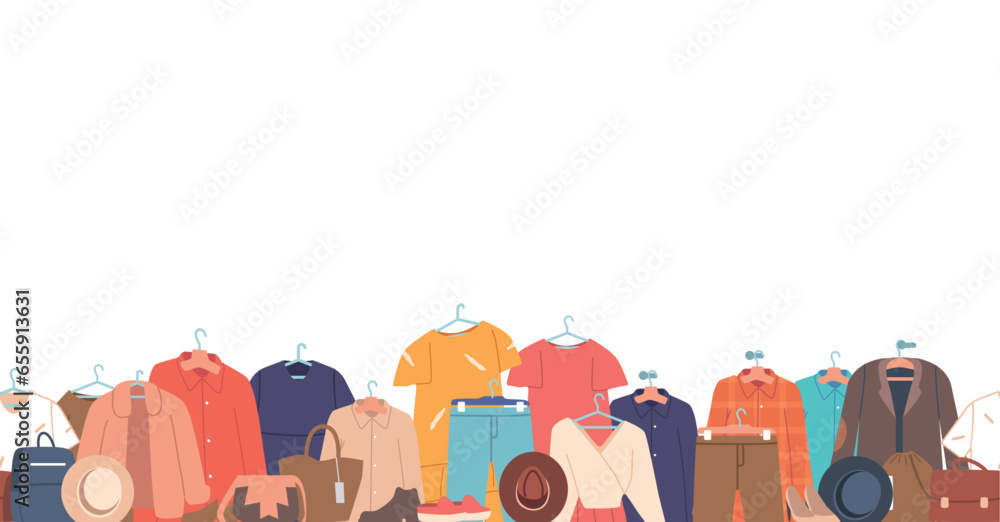 Poster stylish seamless pattern featuring an array of clothes on hangers. horizontal border or wallpaper fo