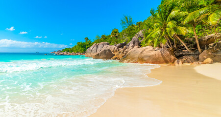 Granite rocks, palm trees and turquoise water in Anse Lazio