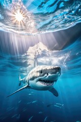 Un grand requin blanc, gueule ouverte, nageant, avec les rayons du soleil traversant l'océan.