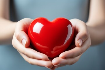 Obraz premium Hands cradling a red heart against a radiant backdrop, conveying health care, hope, and life insurance concepts. Ideal for World Heart Day, World Health Day, and any message of well-being.