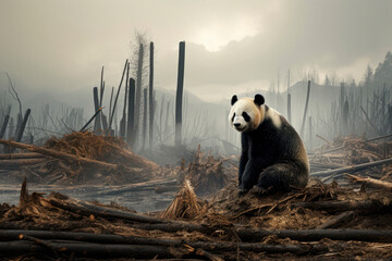 Heartbreaking Loss of Home. A Devastated Panda Amidst Deforestation, Surrounded by Smoke and Ashes,...