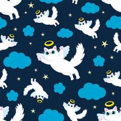 Cat Angel seamless pattern vector illustration. Cute white cat flying on night sky background