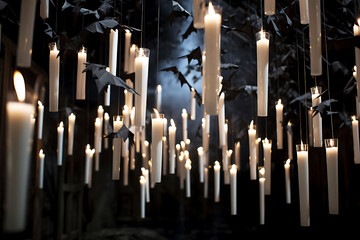 Long white candles float in the air. Halloween decor