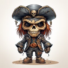 Naklejka premium cuute cartoon pirate skeleton illustration with blue hat