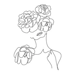 Line Art Woman Face with Flowers Continuous One Line Drawing.