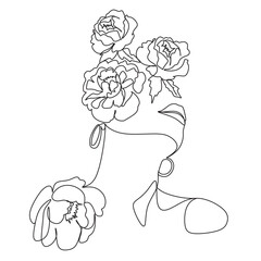 Line Art Woman Face with Flowers Continuous One Line Drawing.