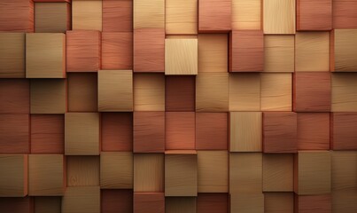 Square, Soft sheen Wall background with tiles. 3D, tile Wallpaper with Wood, Timber blocks. 3D Render, Generative AI