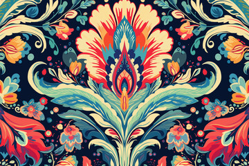 Exotic Ikat paisley pattern, Ornate bohemian textile.