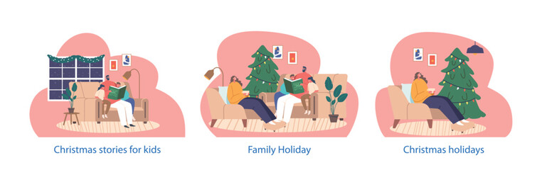 Isolated Elements With Cozy Christmas Tradition Scenes. Parents Gather With Kids, Sharing Heartwarming Tales Of Santa