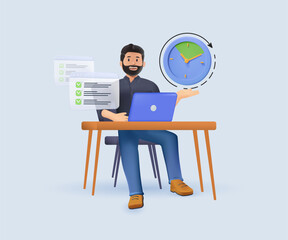 3D people successfully organizing tasks and appointments. Efficient businessman and effective time management, multitasking at work. 3D cartoon vector illustration