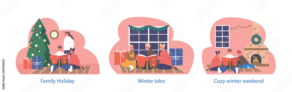 Wall mural isolated elements with magical christmas moments. children gather around to read heartwarming holida