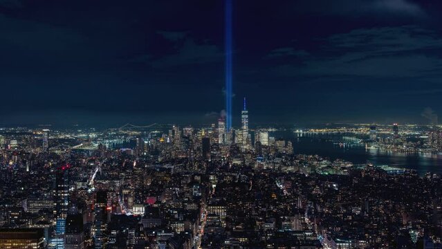 Wide angle view timelapse of Tribute in Light an annual 9/11memorial in lower Manhattan New York City