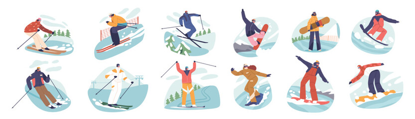 Set Of Slalom Sportsmen Characters Skillfully Navigate Twisting Course, Their Precision And Agility On Full Display